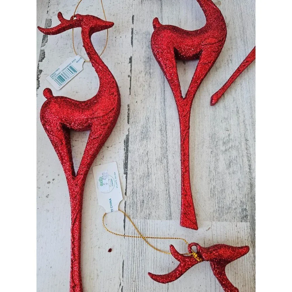 Red glitter large reindeer‎ ornament decor Xmas set tree